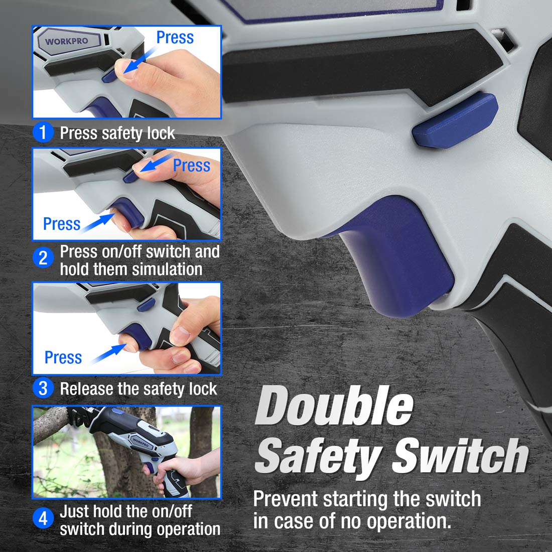 WORKPRO 12V reciprocating saw safety switch and grip controls