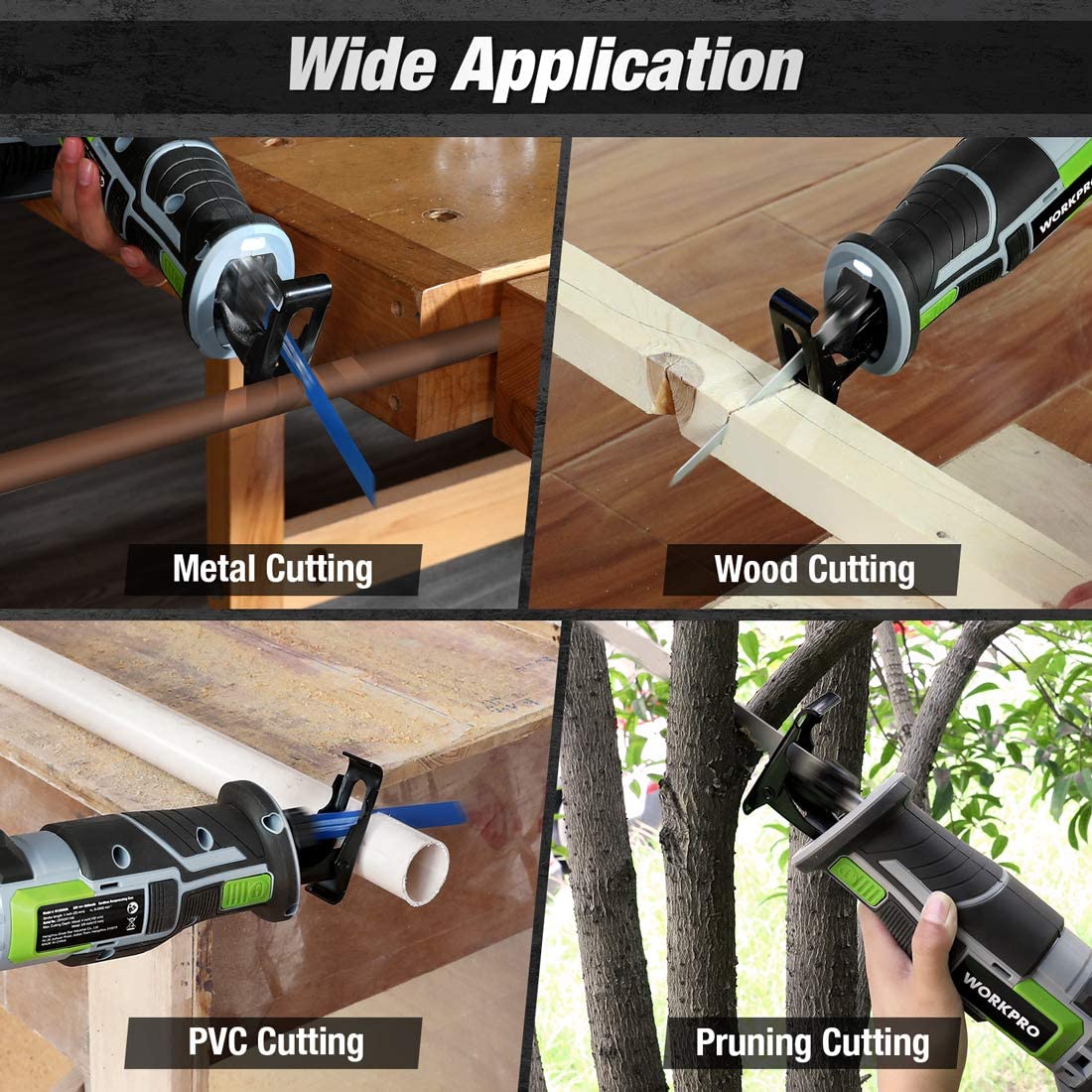 Cordless reciprocating saw cutting metal, wood, PVC, and branches