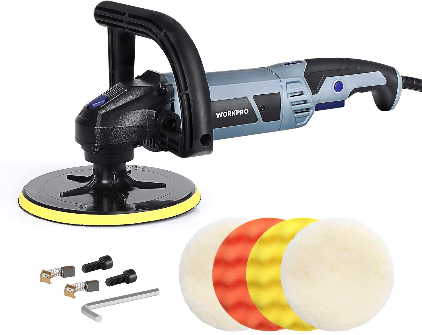 Detachable buffer polisher with round yellow backing pad and foam polishing accessories