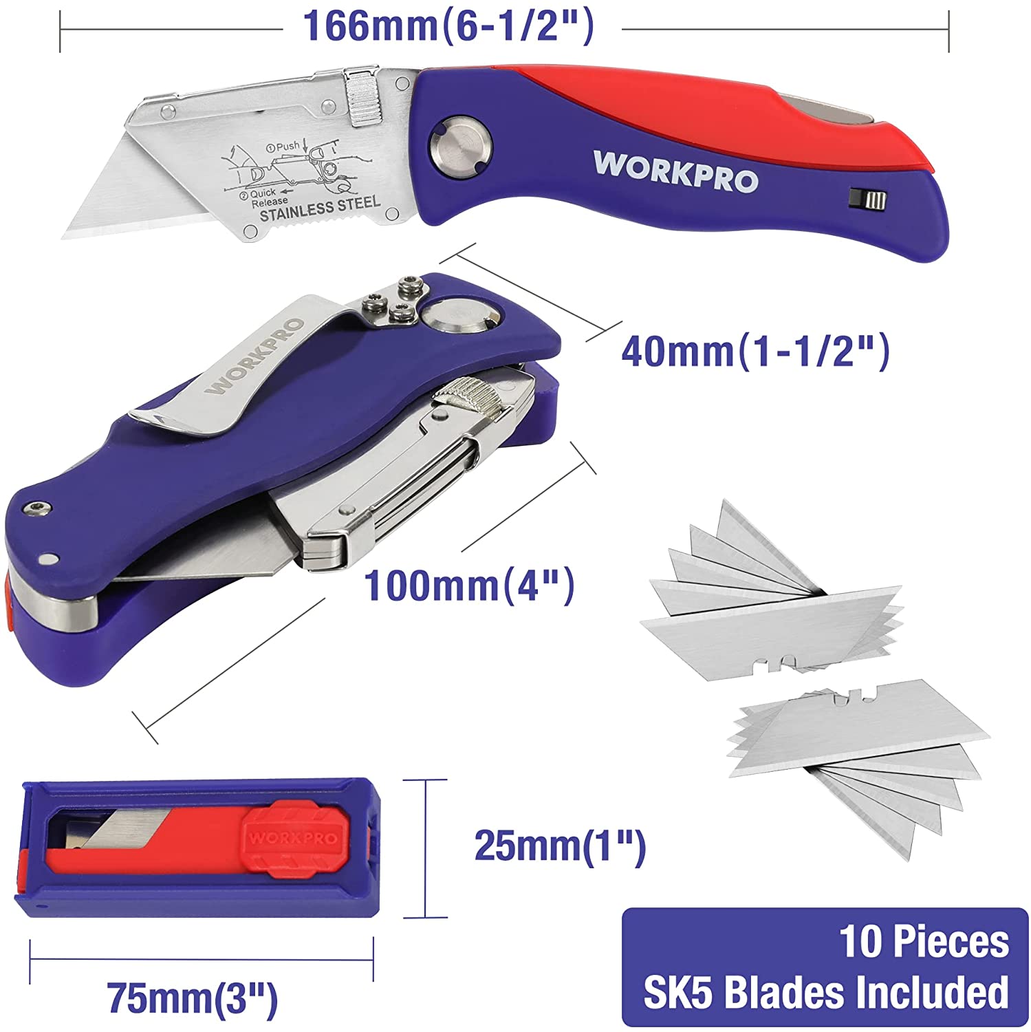 Folding utility knife with blue/purple handle and red slider, plus SK5 blades