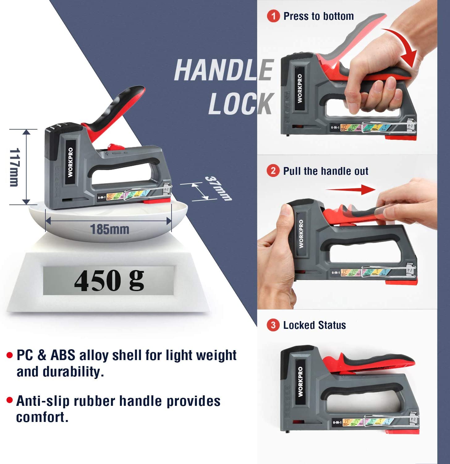 Grey manual stapler nailer with red handle lock and curved base for stability