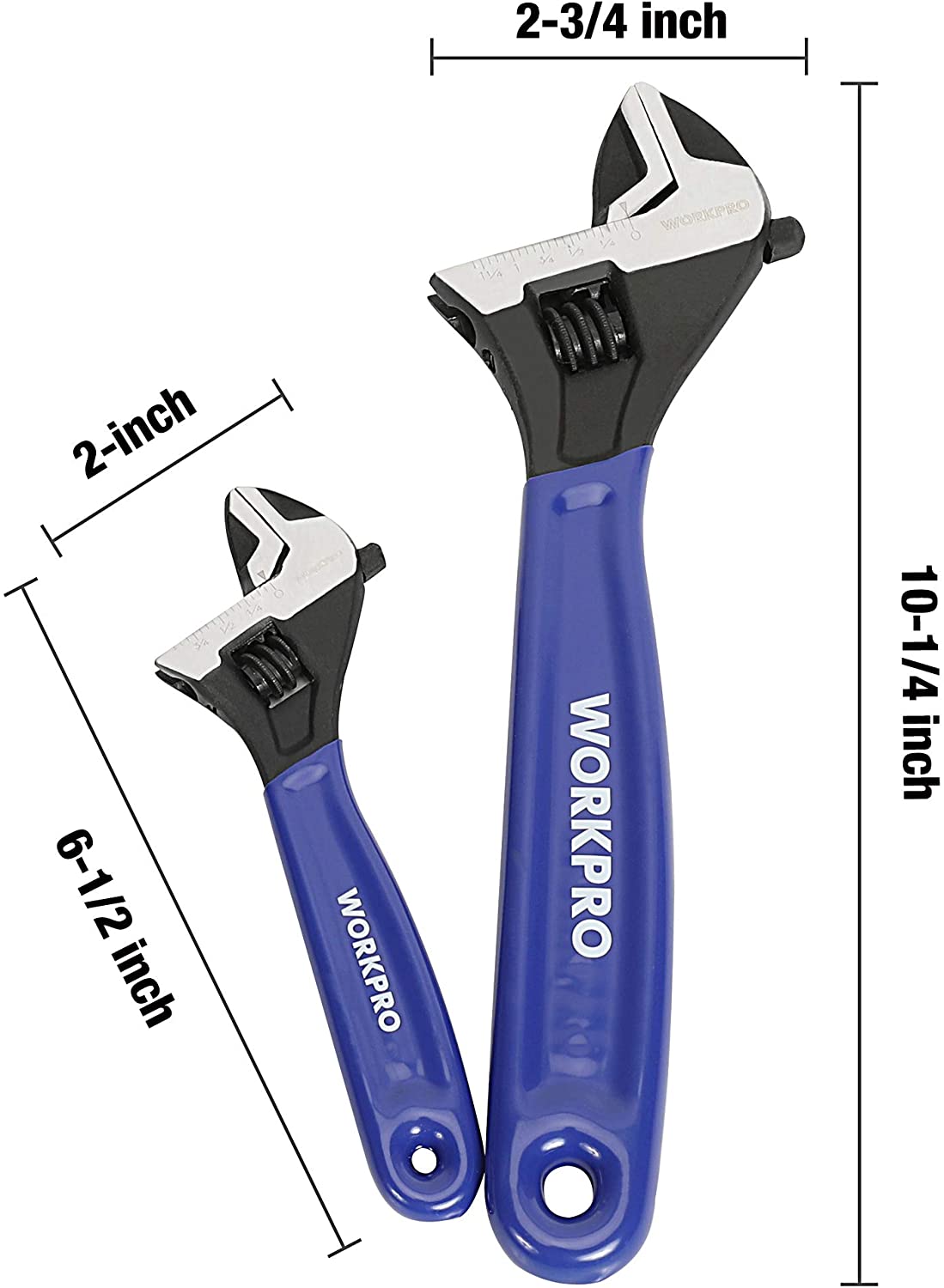 Pair of adjustable wrenches with size markings for 2-inch and 6-1/2-inch openings