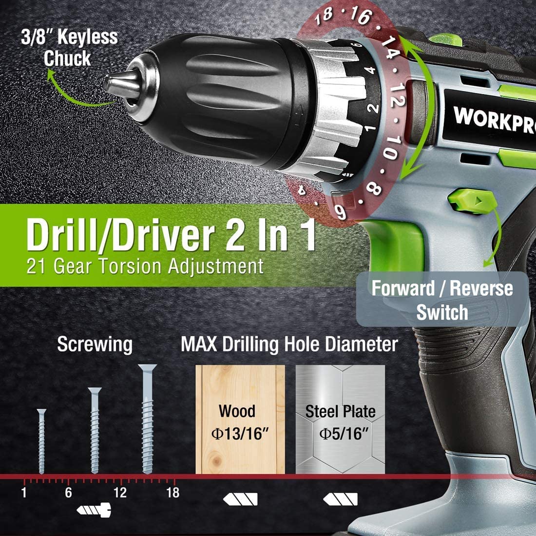 Cordless drill/driver with keyless chuck, forward/reverse switch, and green detail
