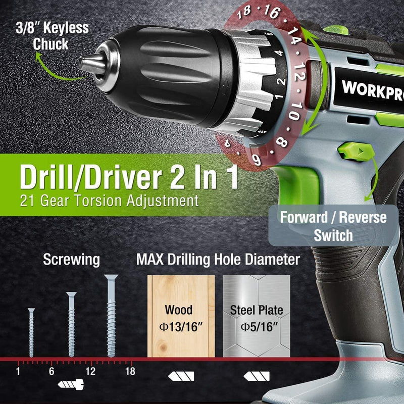 WORKPRO 20V Cordless Drill Driver Set & 6-Piece Mini Pliers & 10-piec