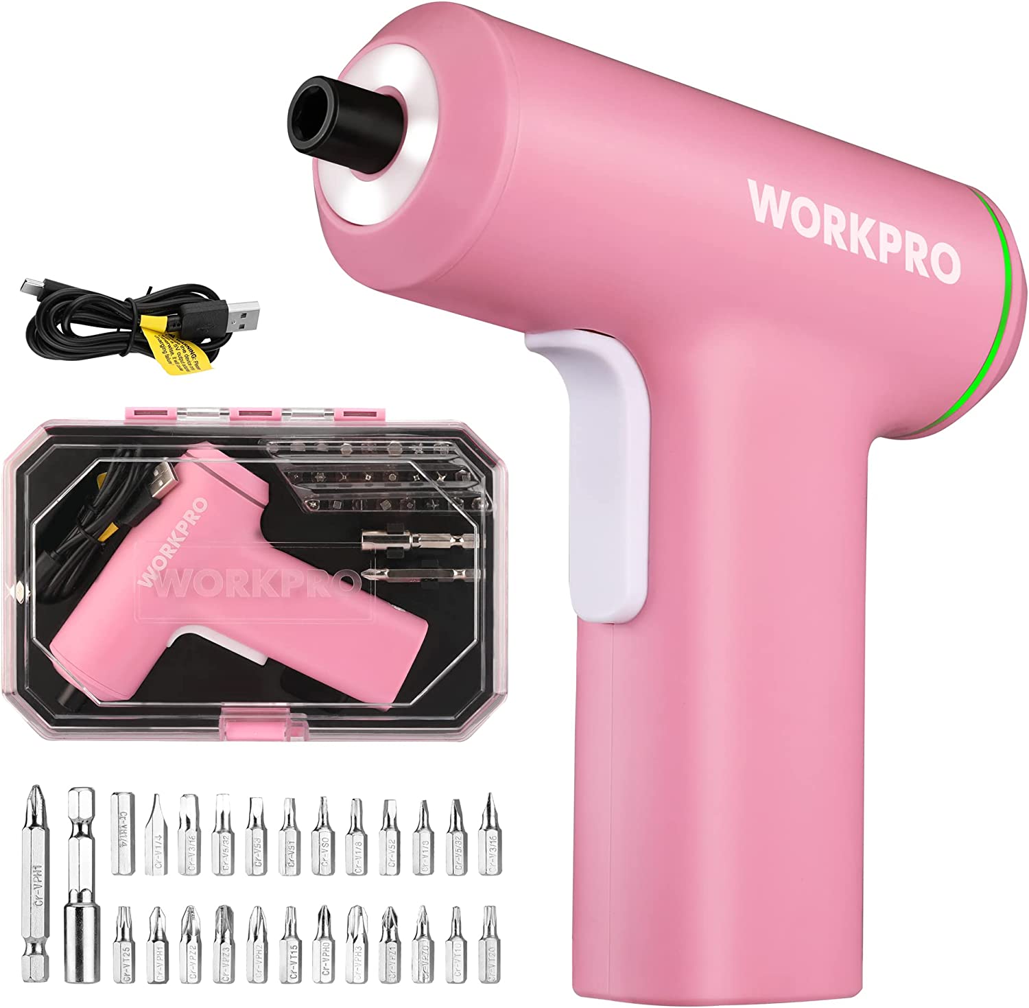 Pink cordless electric screwdriver with accessory case and metal bit set