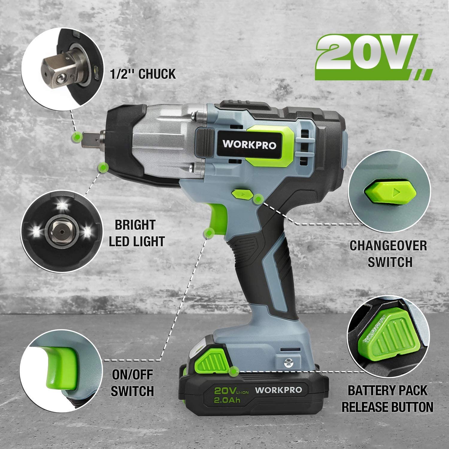 20V cordless impact wrench with bright LED, changeover switch, and 1/2 inch chuck