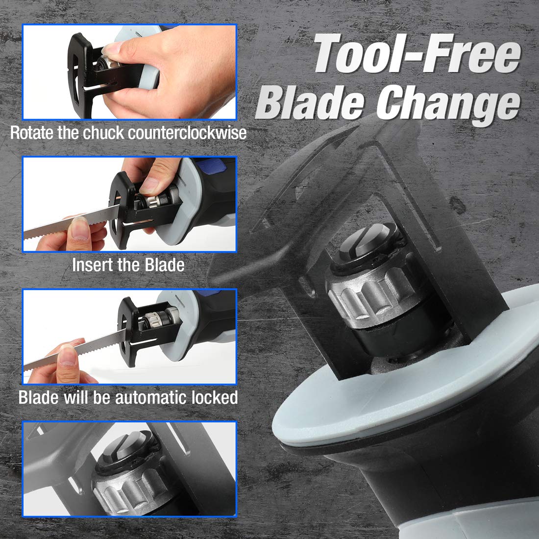 WORKPRO 12V reciprocating saw tool-free blade change chuck detail