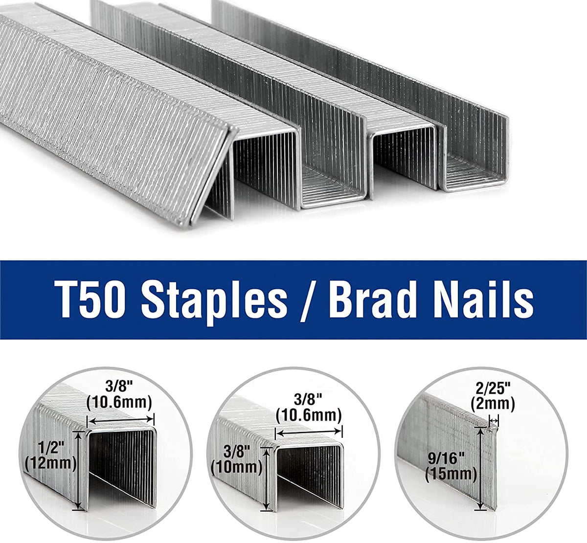T50 staples and brad nails size guide, metal gray staple strips