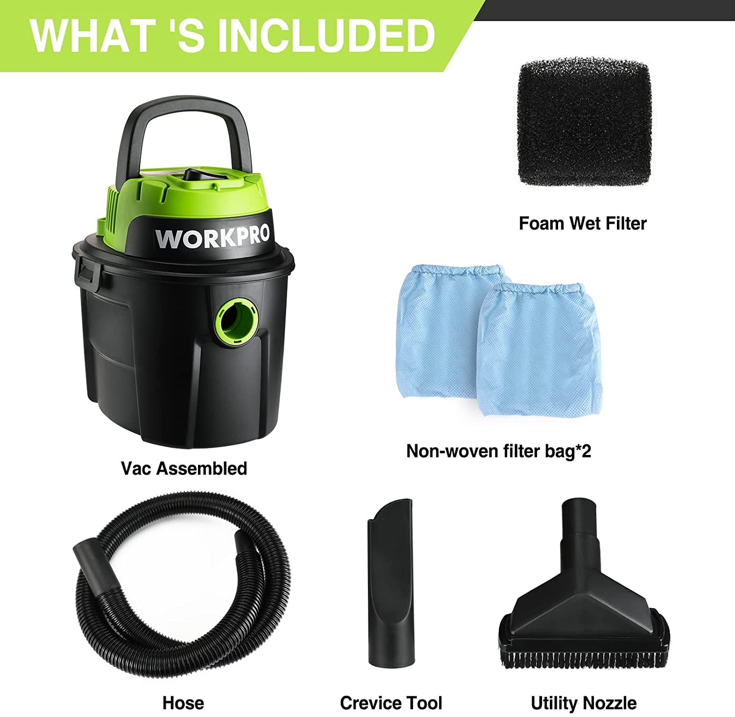 Wet/dry vacuum with green top and black tank plus hose, crevice tool, utility nozzle.