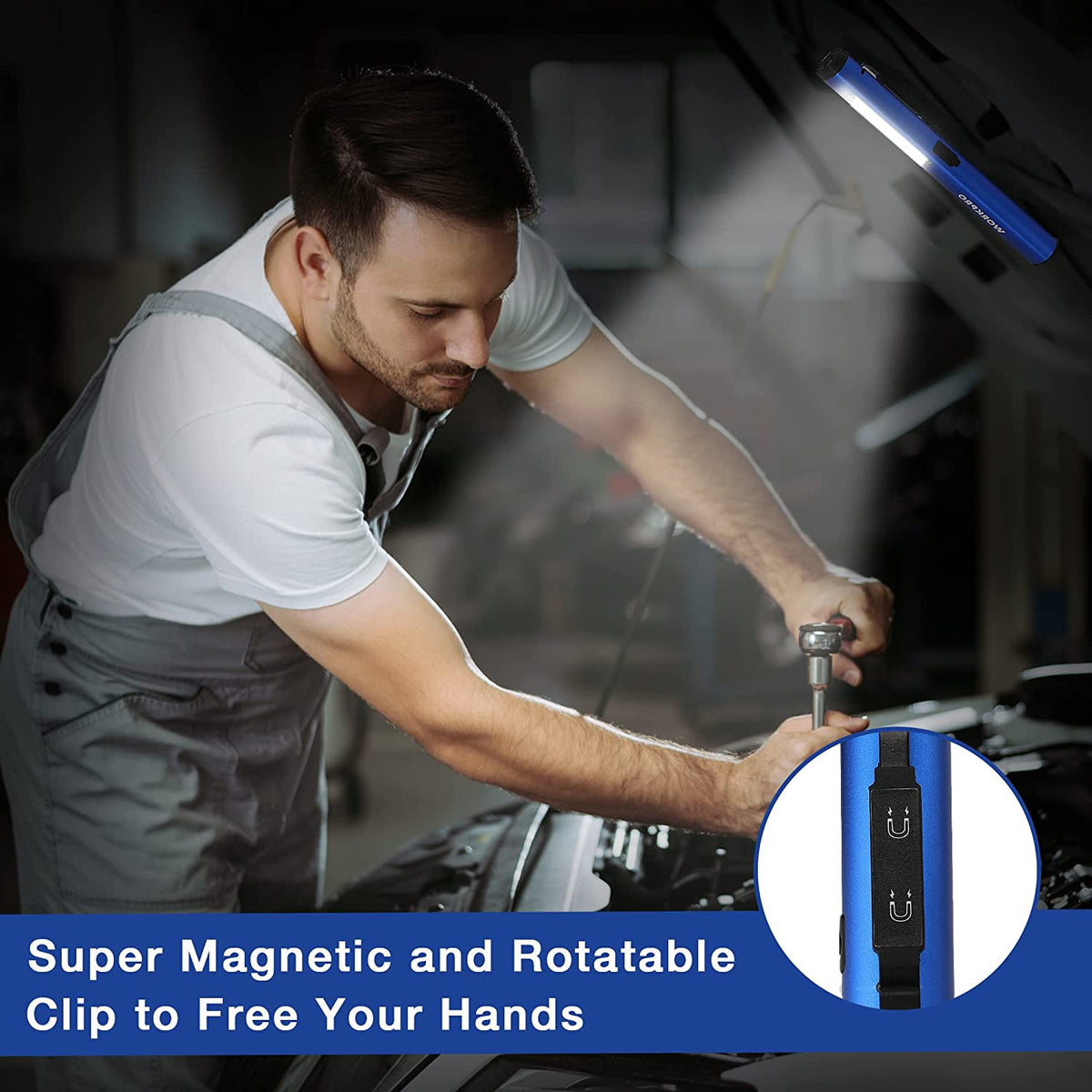 Blue LED pen light with magnetic rotating clip, held by a mechanic