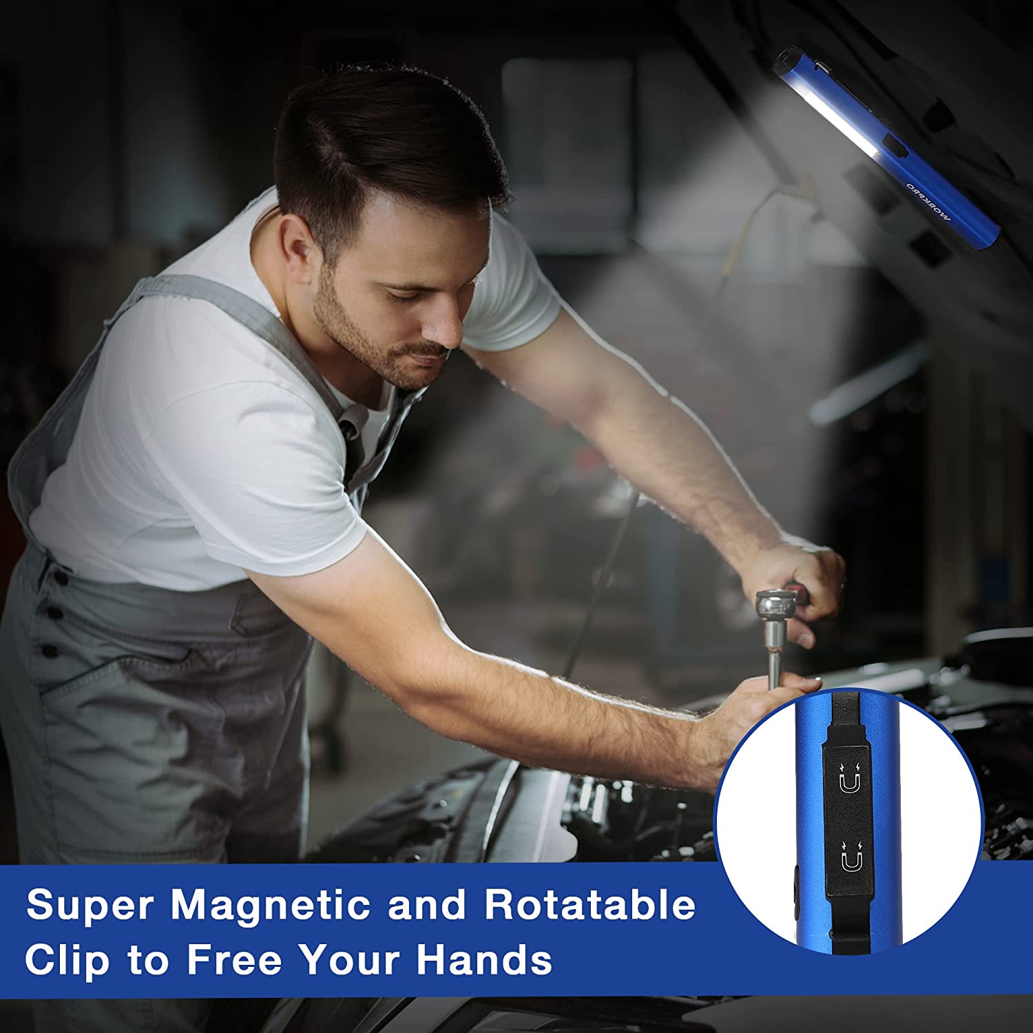Blue LED pen light with magnetic rotating clip, held by a mechanic