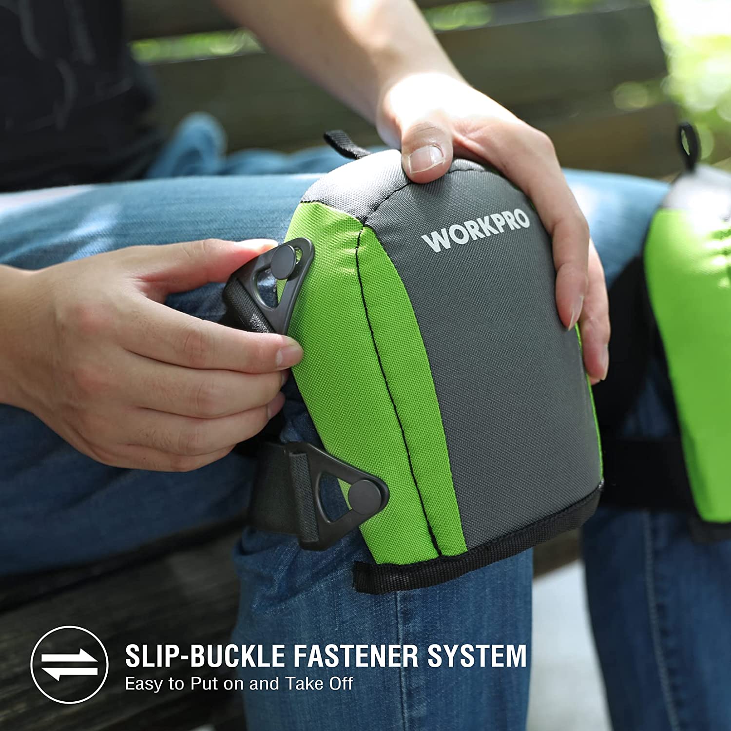 Green and gray WORKPRO kneepads with foam padding and slip-buckle fastening