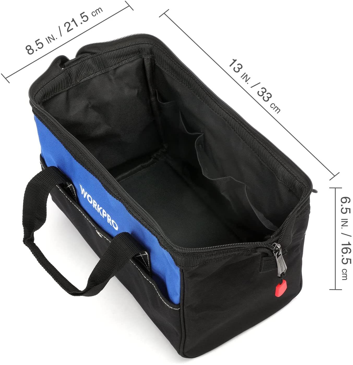 WORKPRO 13-inch Wide Mouth Tool Tote Bag in black and blue with secure double-pull zip closure