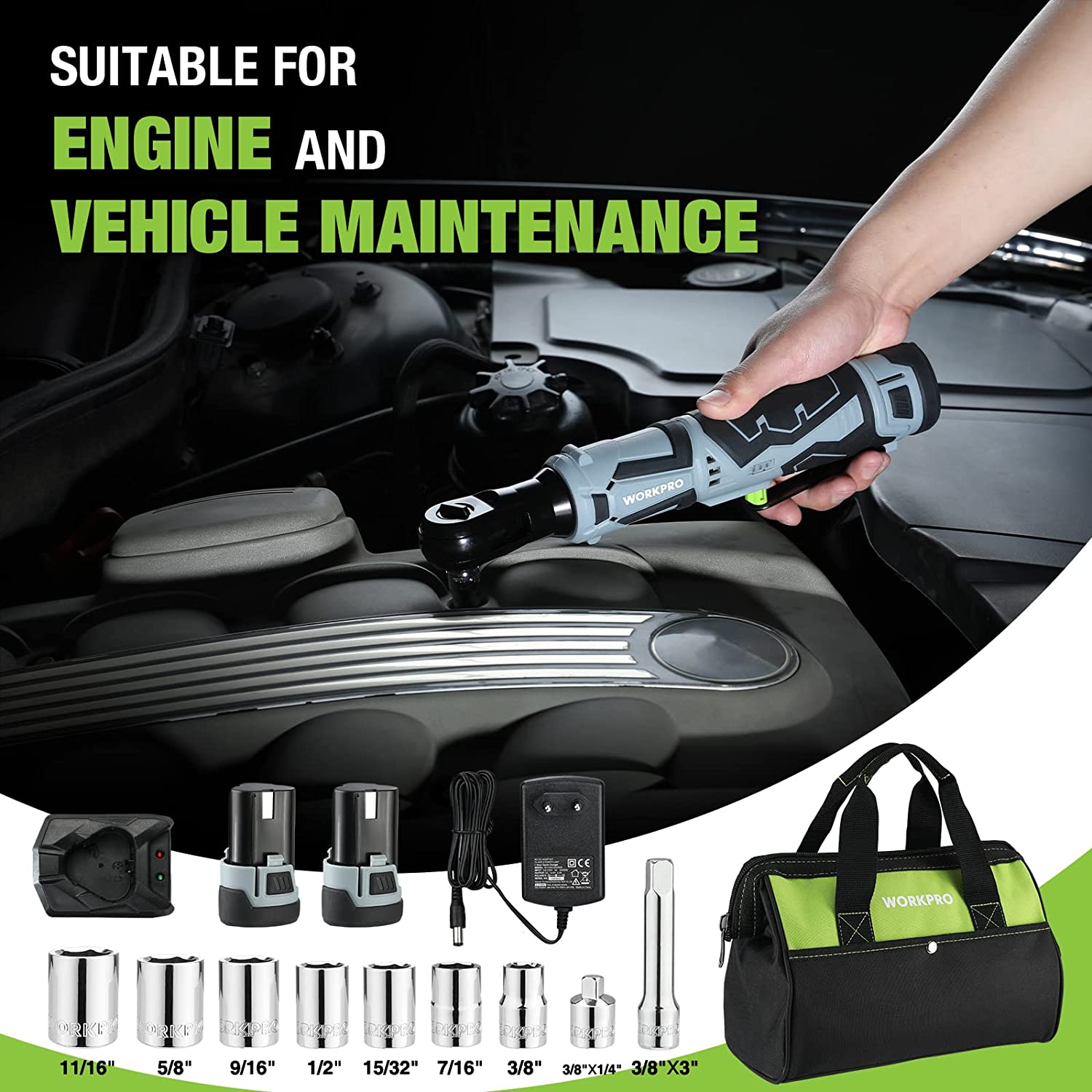 Cordless electric ratchet wrench in hand with socket set and carry tools shown