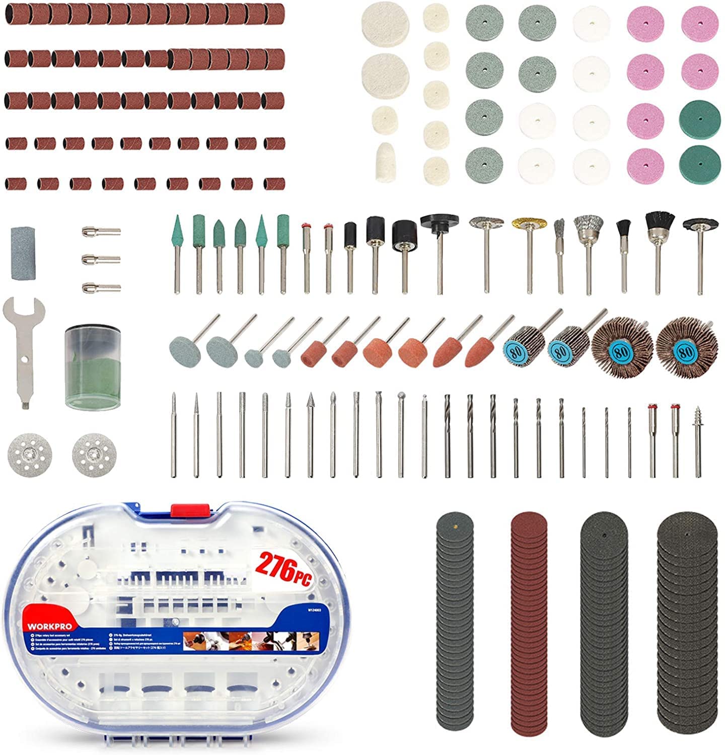 Assorted rotary tool accessories: sanding discs, drill bits, and polishing wheels, mixed colors