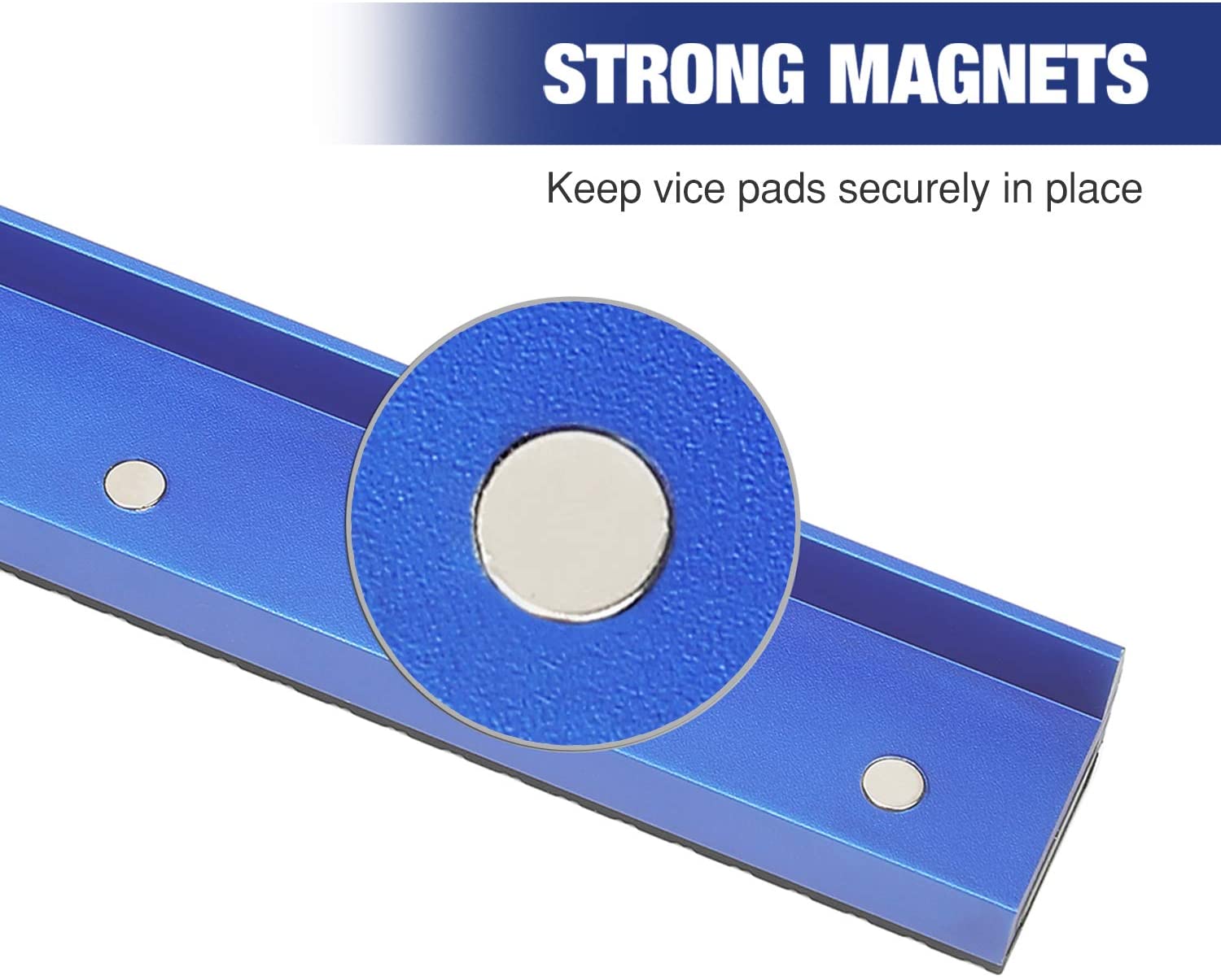 Blue vise jaw pad cover with circular magnet contact spot