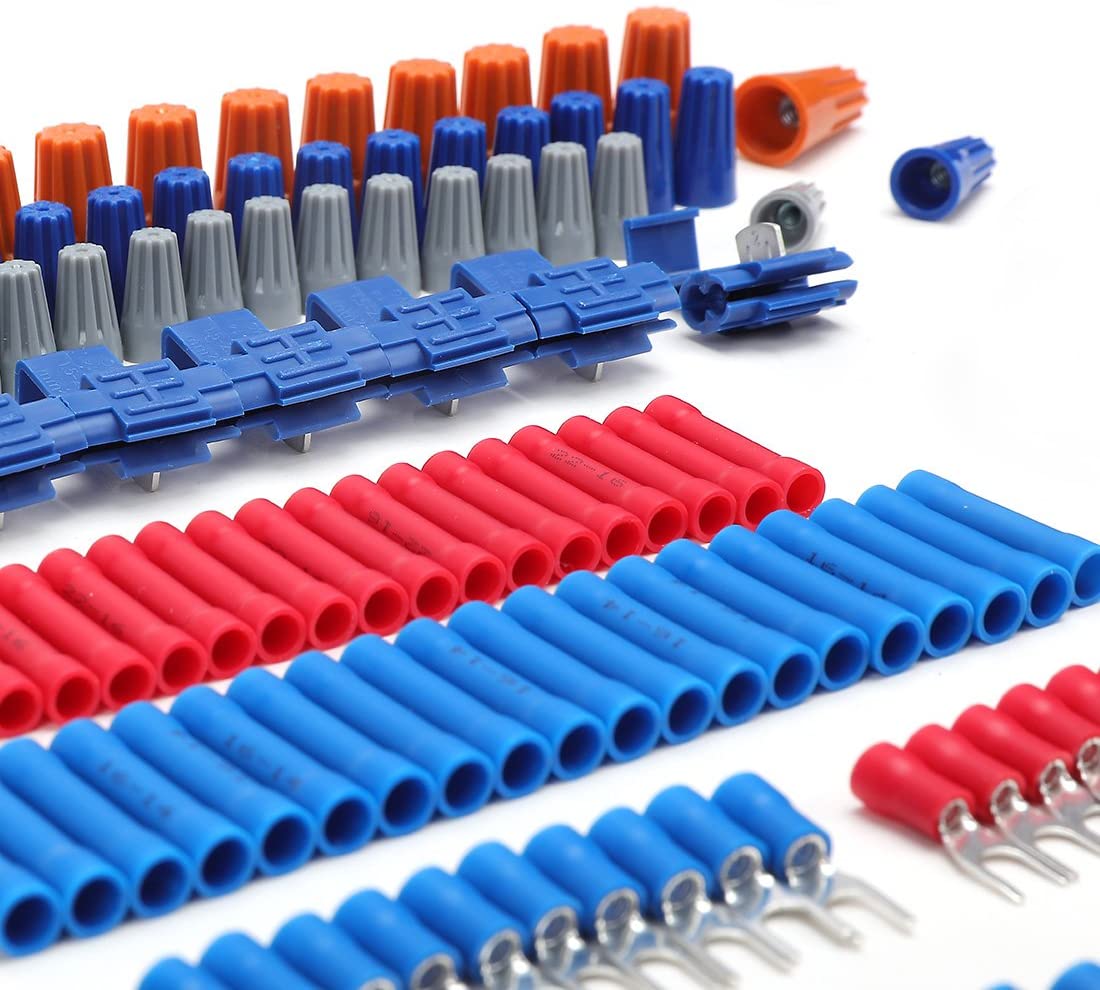 WORKPRO 582 piece electrical repair kit with crimp terminals and heat shrink tubes in red and blue