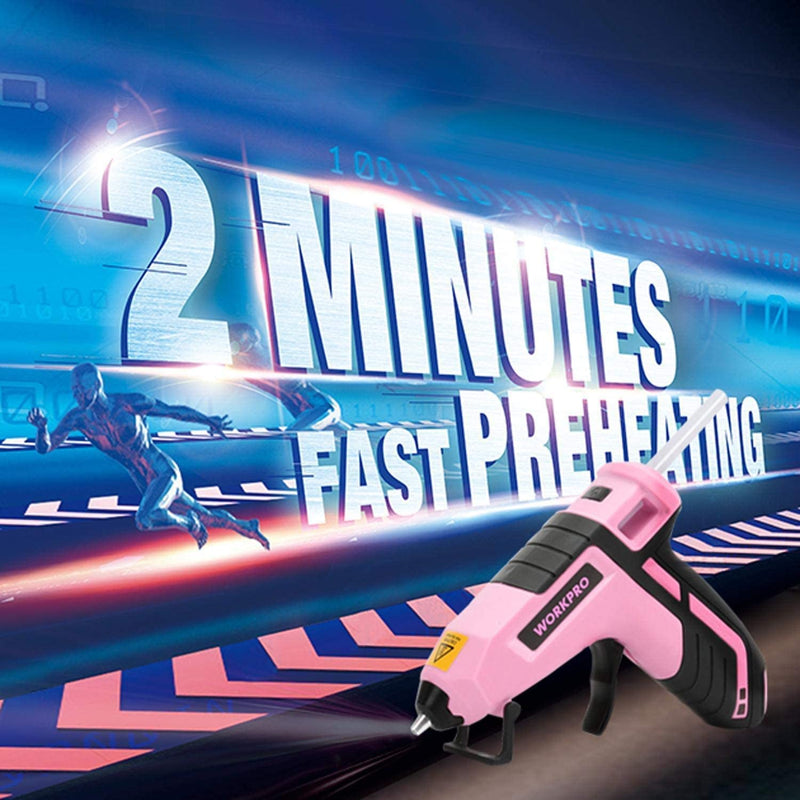 WORKPRO Cordless Melt Fast Preheating Mini Glue Gun with 20 PCS Premium Glue Stick - Pink Ribbon