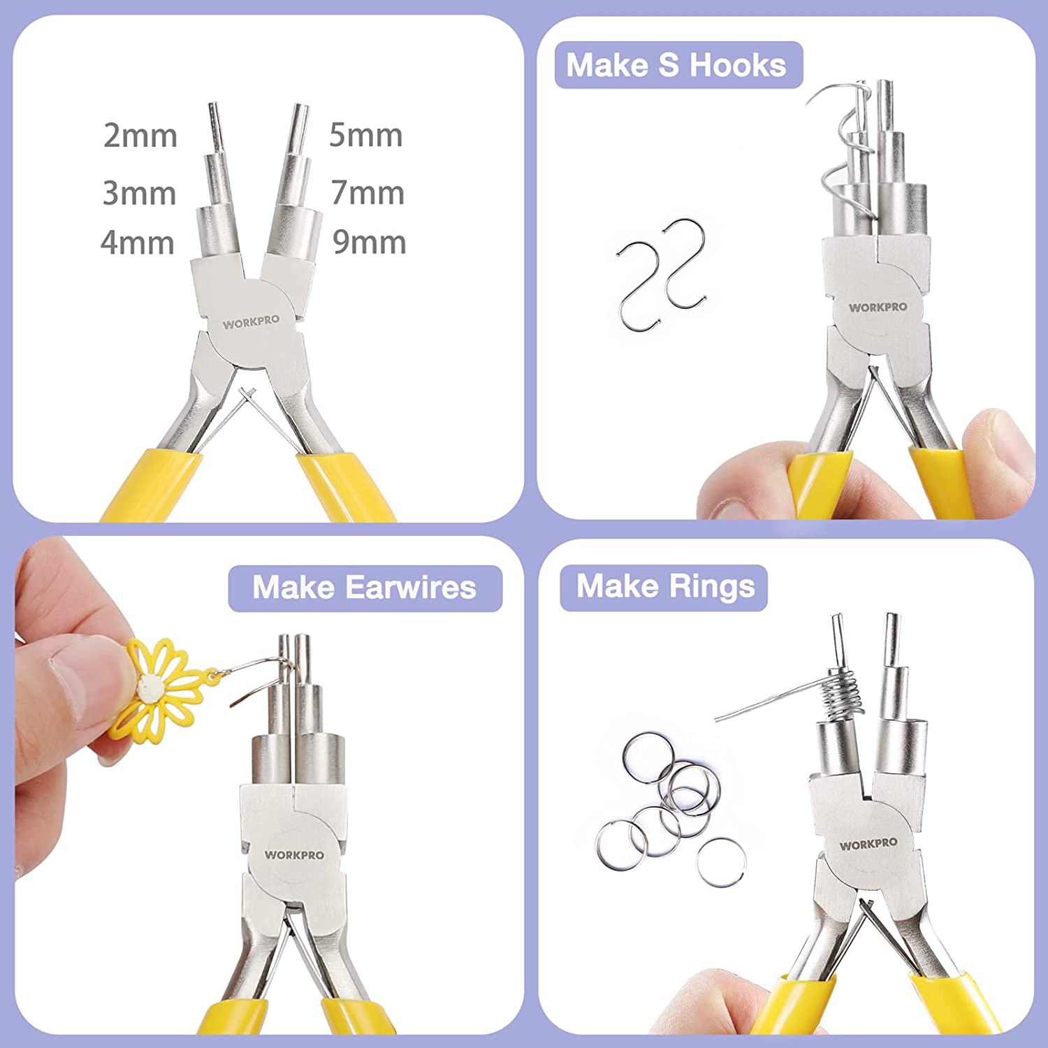 Jewelry wire loop pliers with silver tips and yellow-and-white insulated grips