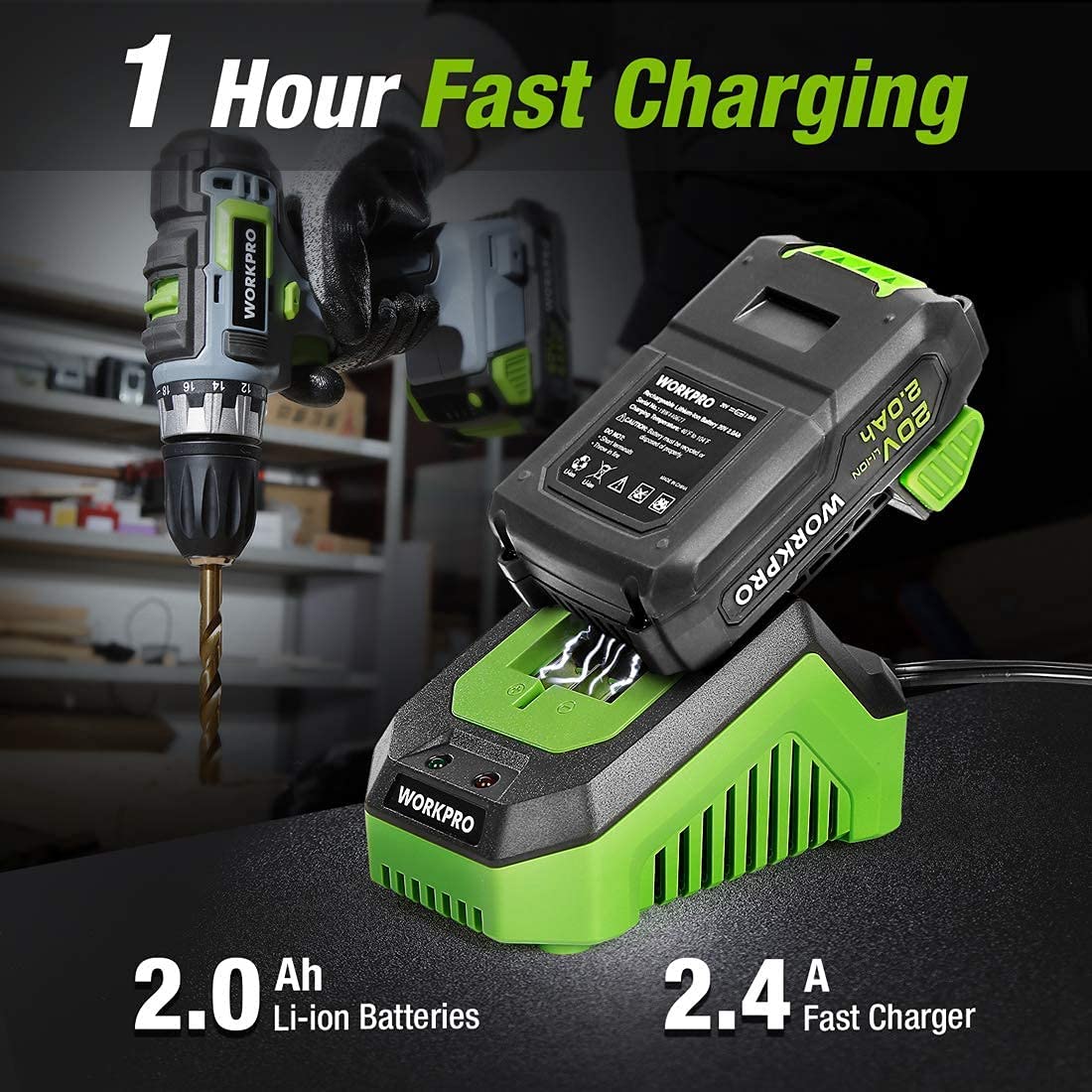 WORKPRO 1-hour fast charger with 20V 2.0Ah Li-ion battery pack