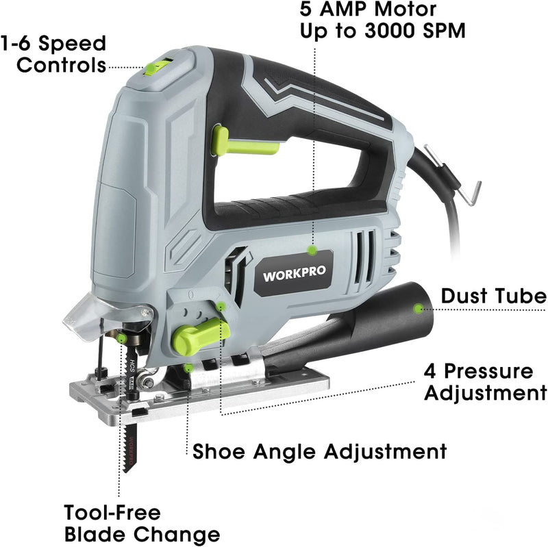 WORKPRO Jig Saw, 5 AMP 3000 SPM, Jigsaw Tool Corded Electric Power Cutter for Wood, Metal, and Plastic Cutting, 7 Blades
