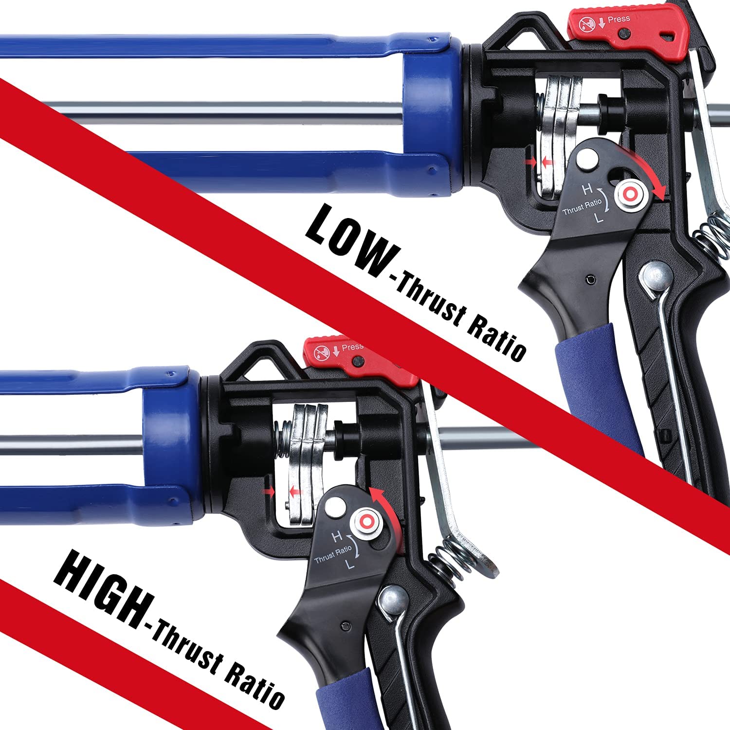 Caulking gun with blue frame and black head, marked high/low thrust ratio settings