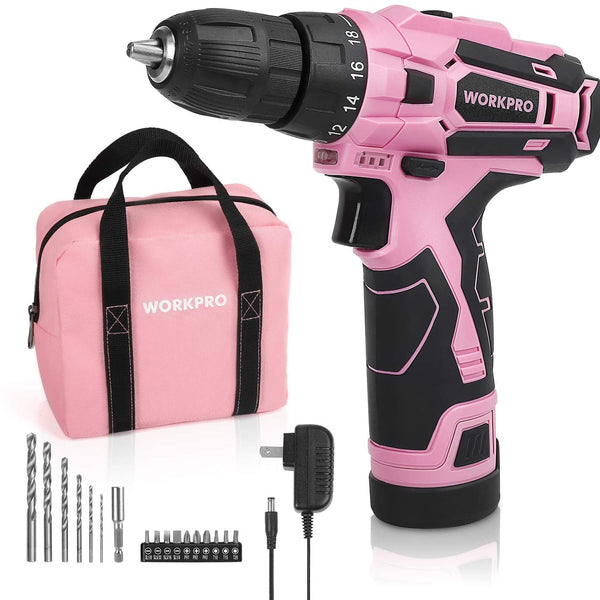 WORKPRO Pink Cordless Drill Driver Set 12V Electric Screwdriver Driver Tool Kit for Women
