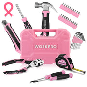 Pink WORKPRO tool kit toolbox with assorted tools, pliers, screwdriver, and hex key bits