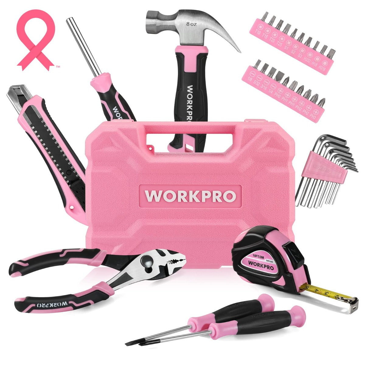 Pink WORKPRO tool kit toolbox with assorted tools, pliers, screwdriver, and hex key bits