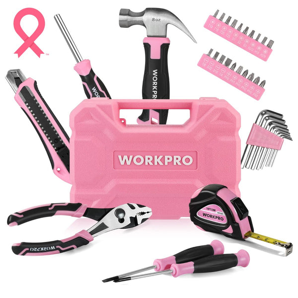 WorkPro 52-Piece Pink Tools Set, Household Tool Kit with Storage Toolbox, Basic Tool Set for Home, Garage, Apartment, Dorm, N