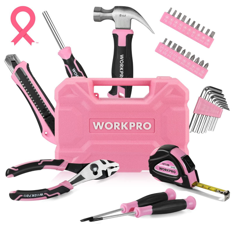 WORKPRO 35 Pcs Pink/Blue Household Tools Set with Storage Toolbox - Pink Ribbon