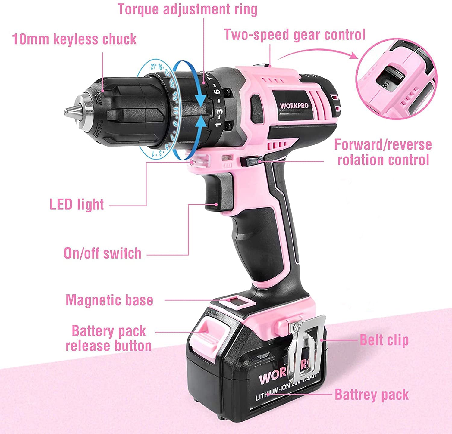 Pink cordless drill driver with keyless 10mm chuck, two-speed control, LED light