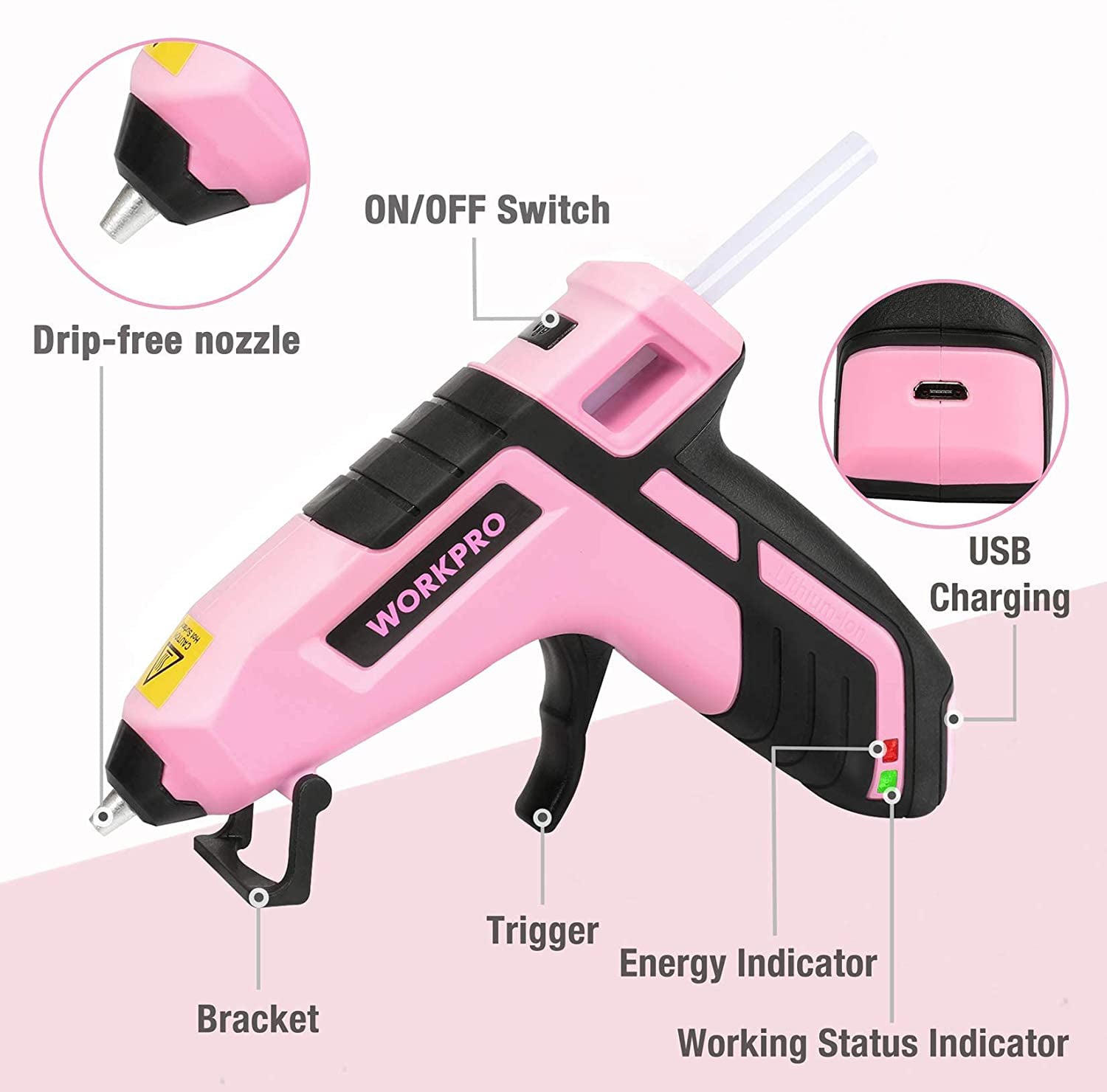 Pink mini cordless glue gun with USB charging port and energy status indicator
