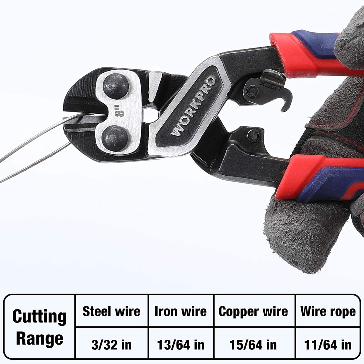 8-inch bolt cutter with black jaws and red-blue insulated handles
