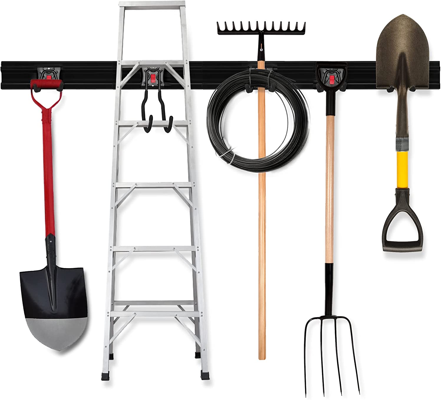 Wall mount tool organizer rail with black hooks holding shovels, hand tools, and garden hose