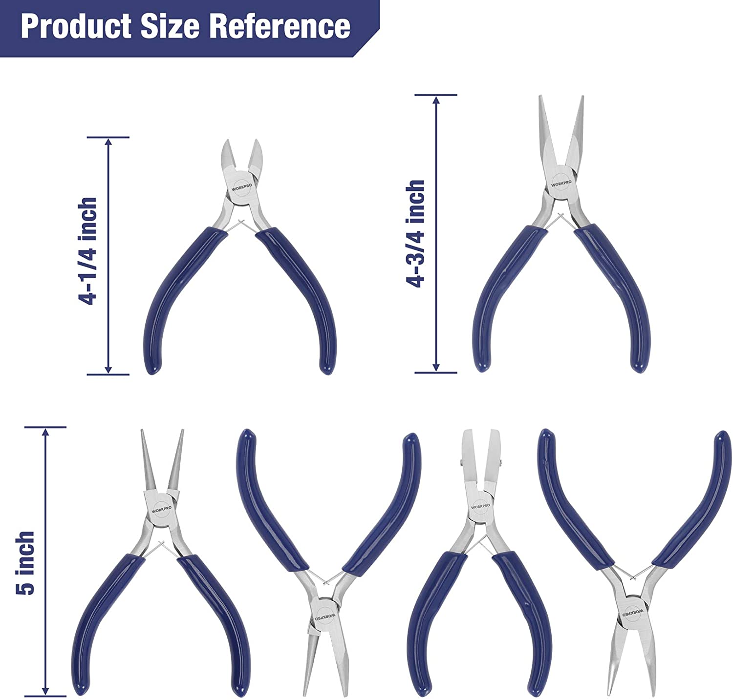 Jewelry pliers set with blue grips and silver steel jaws, multiple sizes