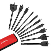 Spade drill bit set with multiple black bits and red storage pouch