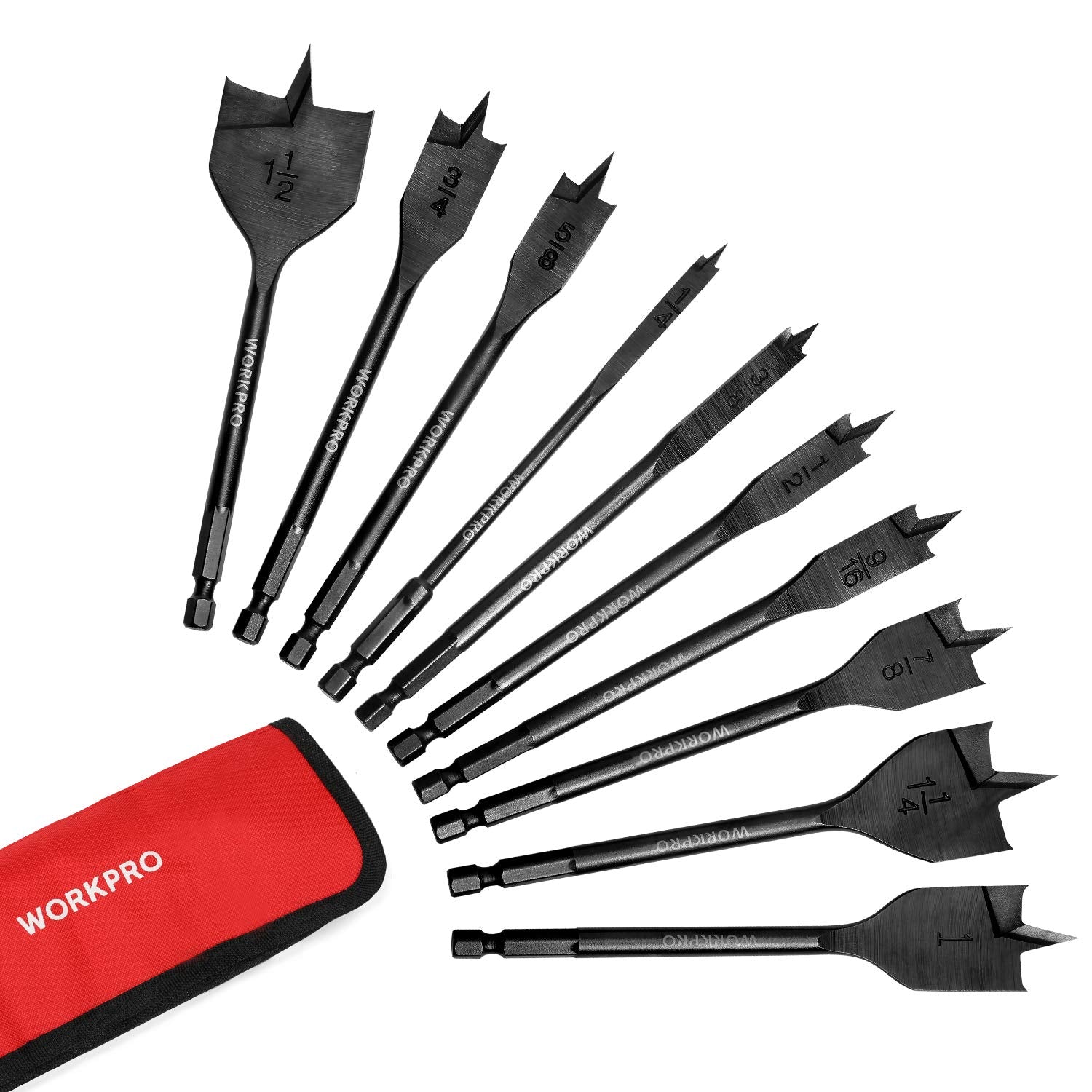Spade drill bit set with multiple black bits and red storage pouch