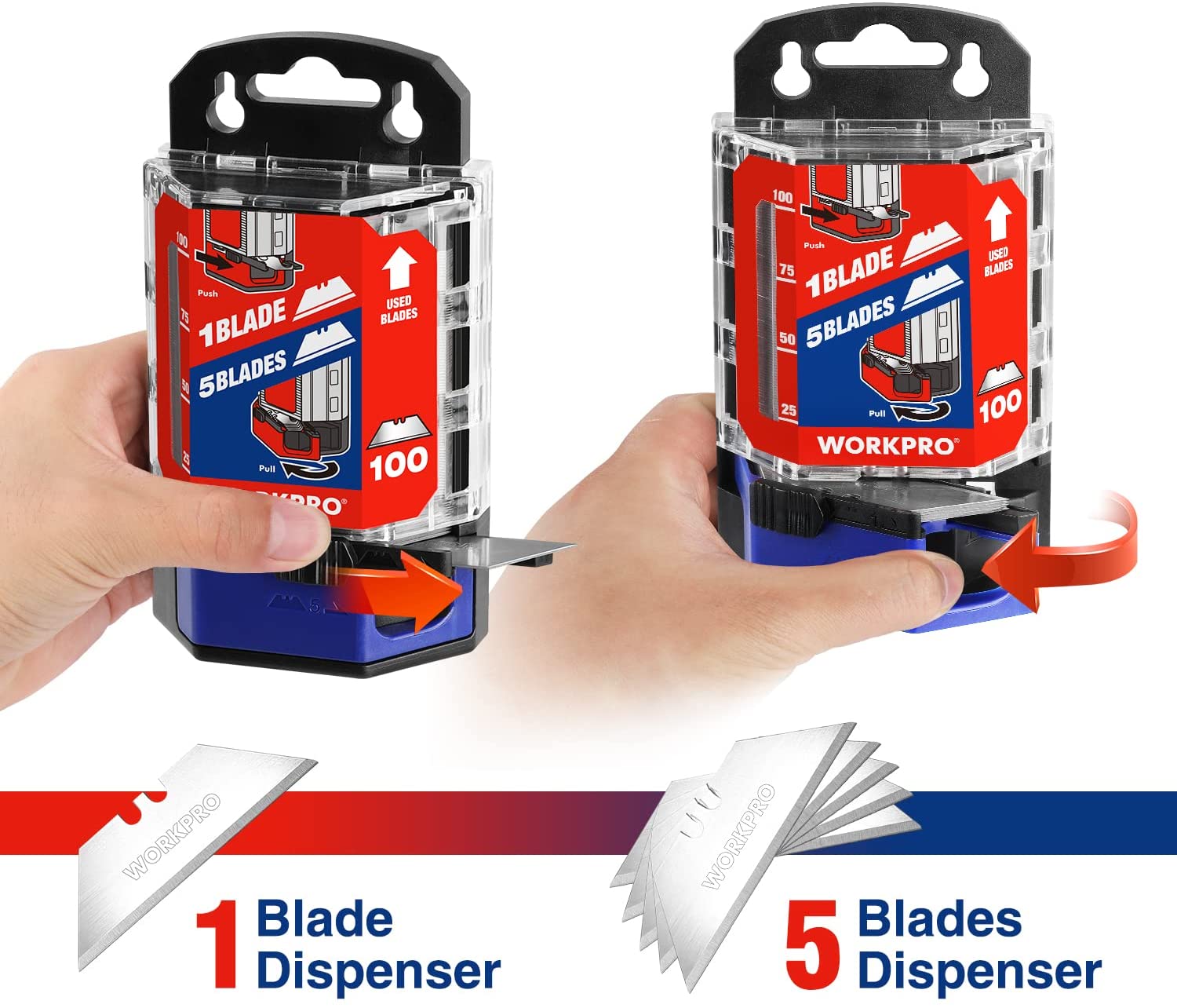 Utility knife blade dispenser container with replacement blades pack, held in hands