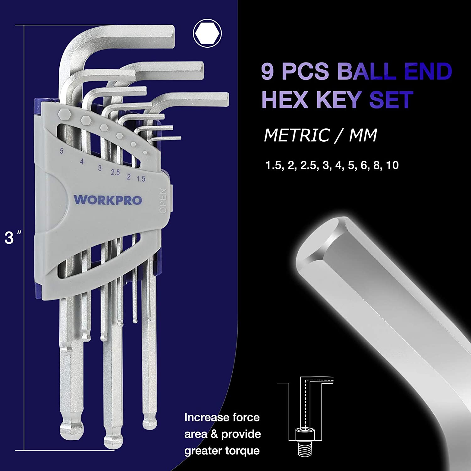 Nine-piece ball-end hex key set, metric; silver wrenches with holder