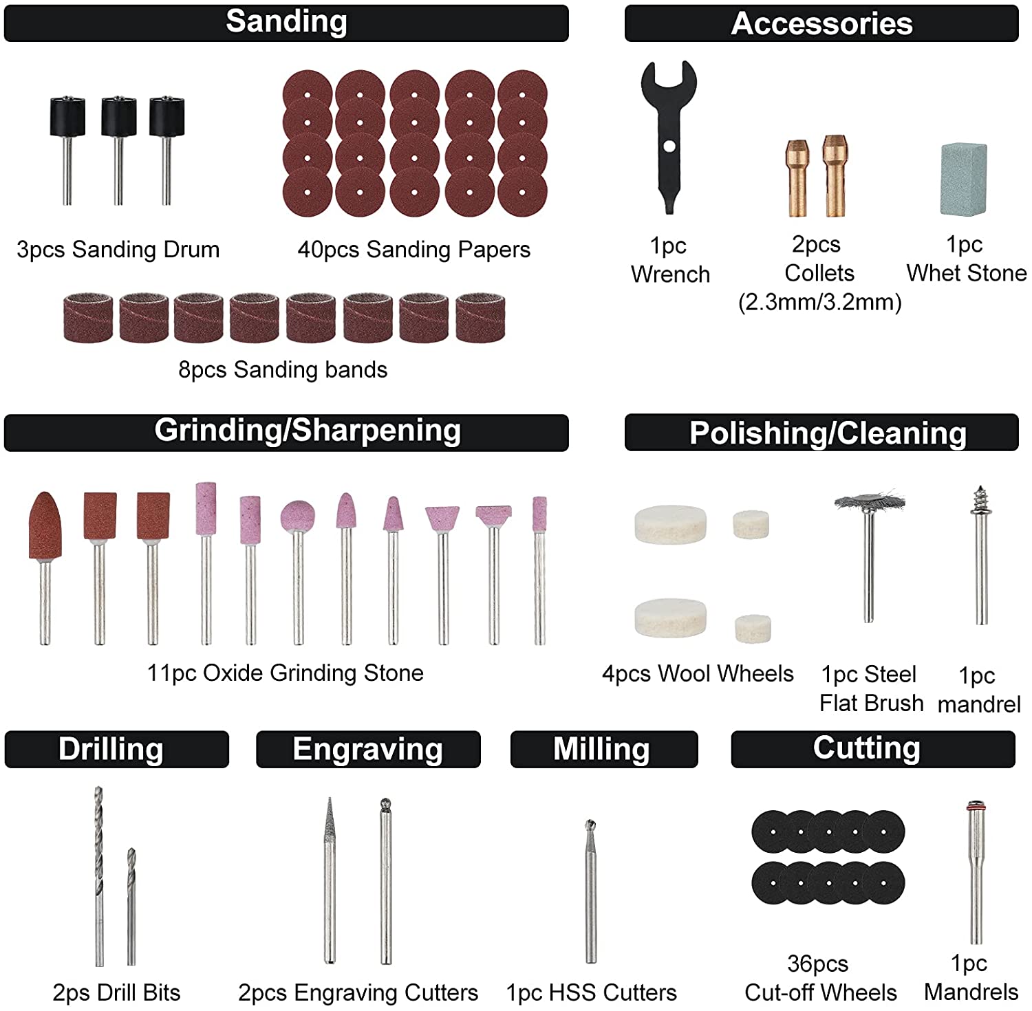 Rotary tool accessory set with sanding drums, grinding stones, polishing and cutting bits