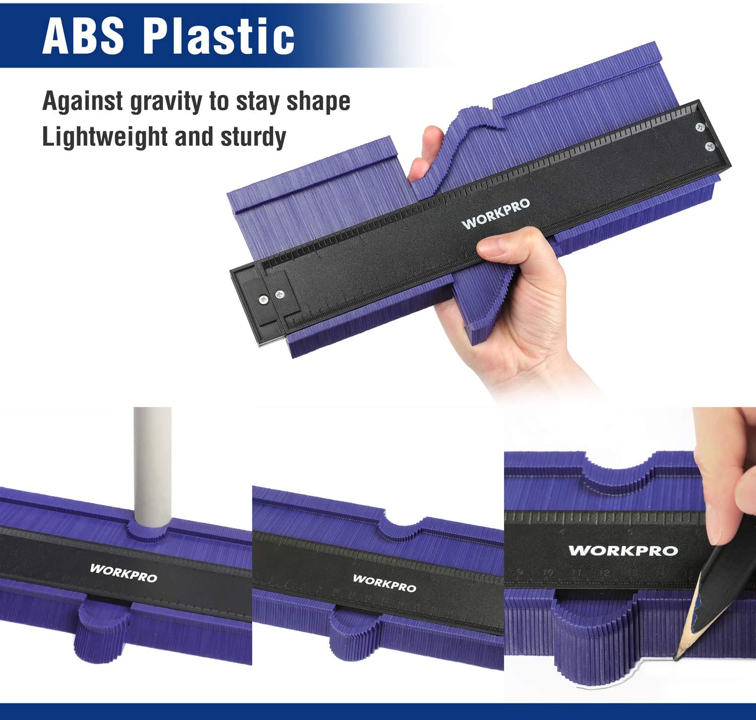 ABS plastic contour gauge with purple base and black WORKPRO slide scale