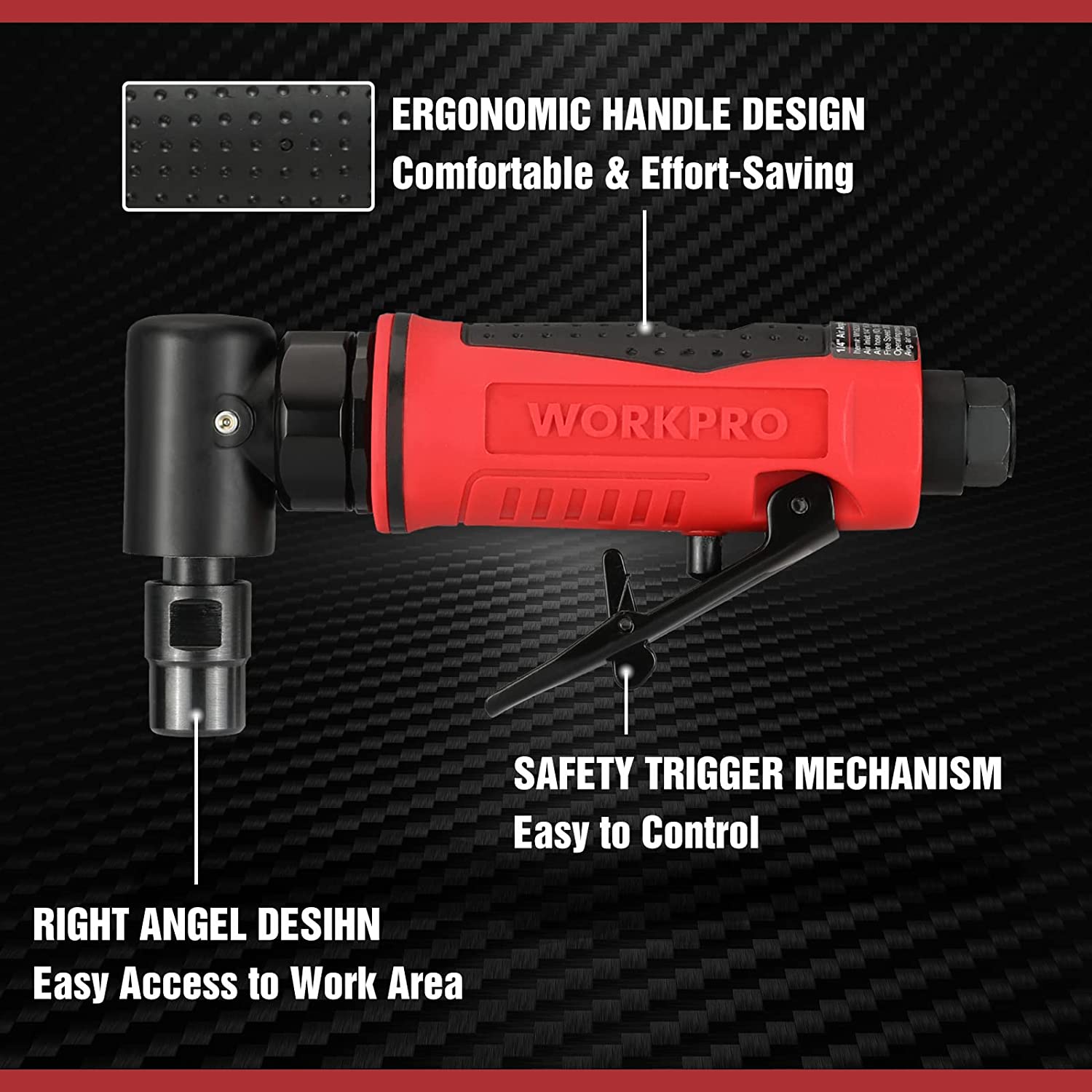 WORKPRO ergonomic right angle die grinder with safety trigger, black handle grip, red body