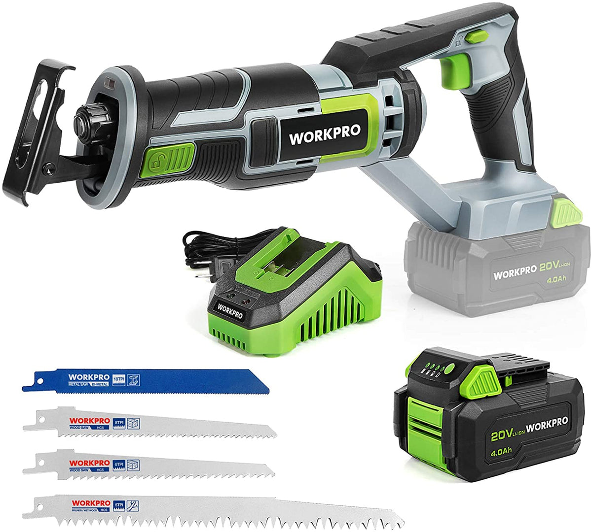 Cordless reciprocating saw with green-and-black handle and grey blade holder