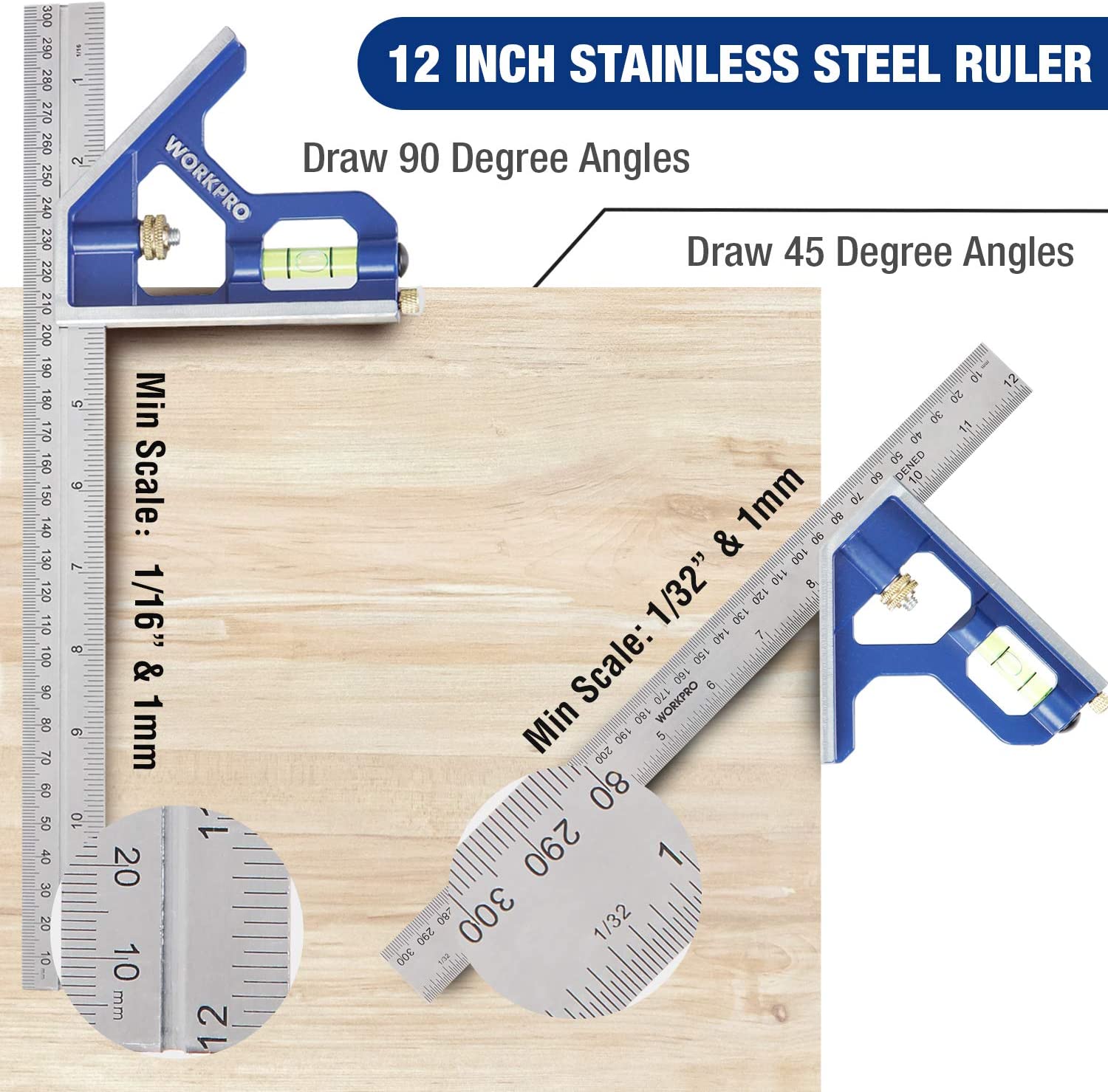 WORKPRO Rafter Square and Combination Square Tool Set in blue with innovation, quality, and durable layout measuring