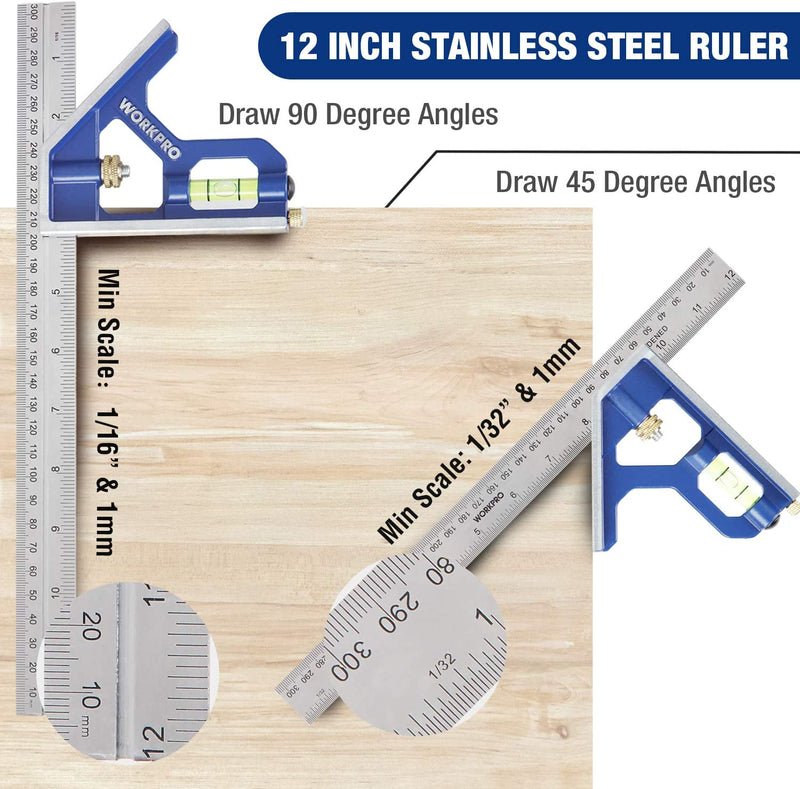 SHALL Rafter Square & Combination Square Tool Set, 7 Inch Aluminium-Alloy  Carpenter Square & 16 Inch Zinc-Alloy Woodworking Framing Square Combo