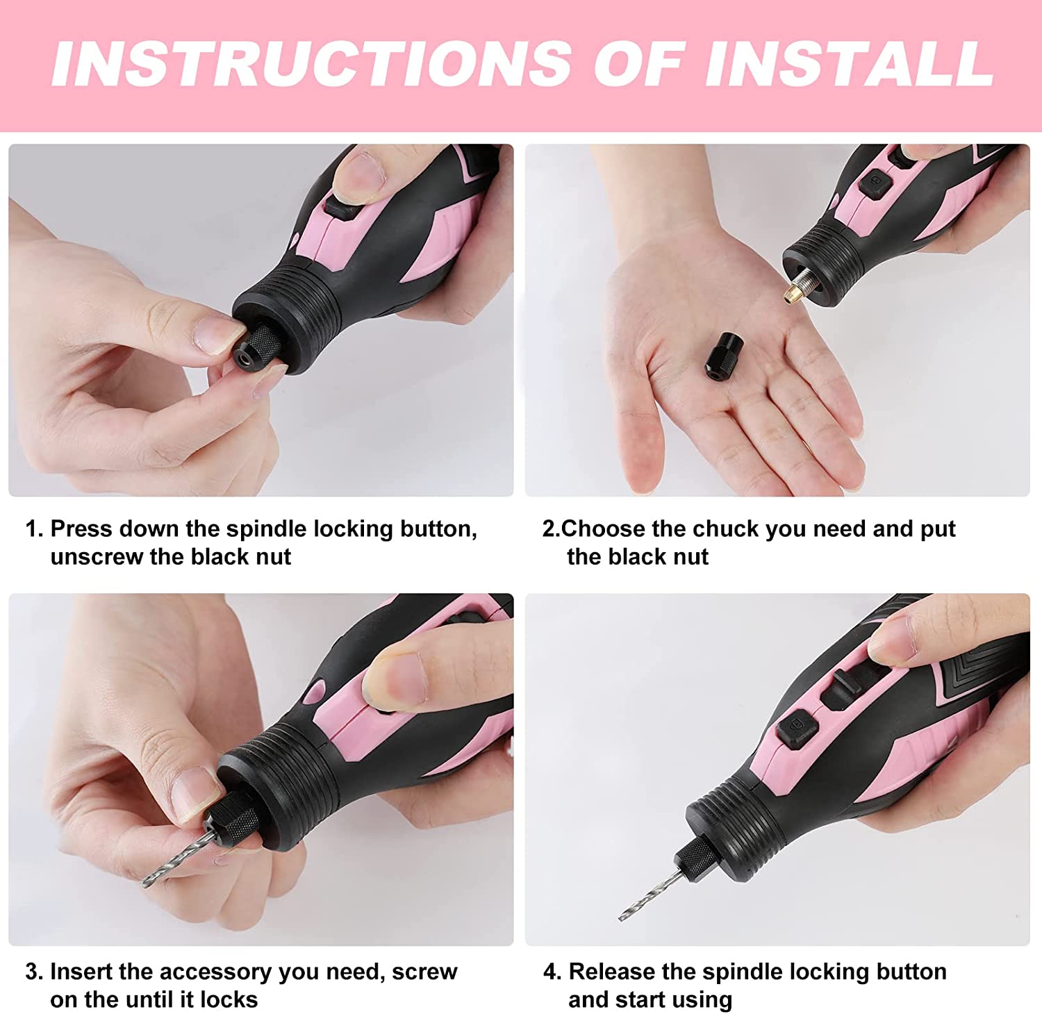 Cordless rotary tool kit showing accessory change with spindle lock and chuck