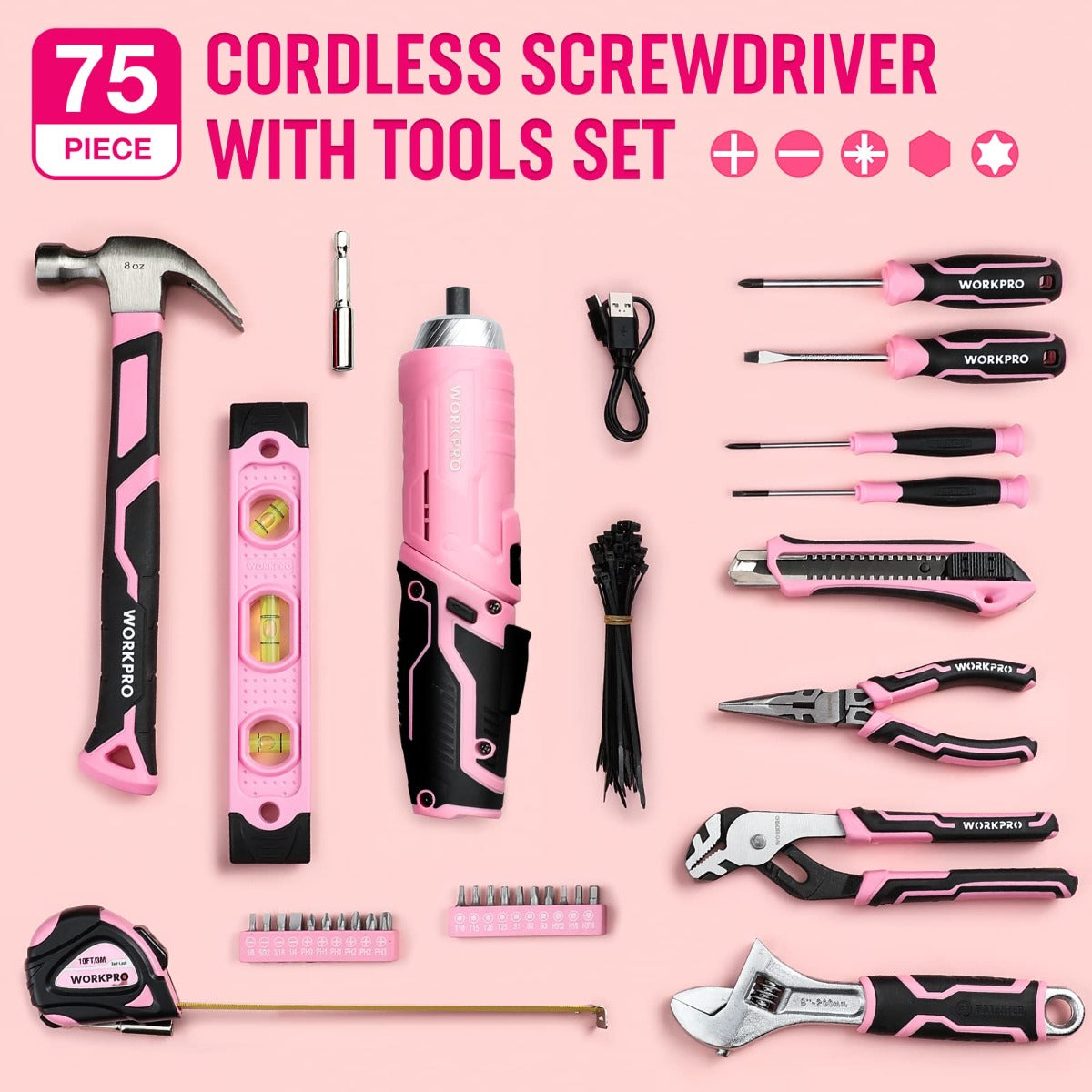 Pink 75-piece cordless screwdriver tool kit with rotating handle and steel case