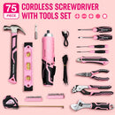 WORKPRO 55 Pcs/75 Pcs Pink Household Tools Set, 3.7V Rotatable Cordless Screwdriver - Pink Ribbon