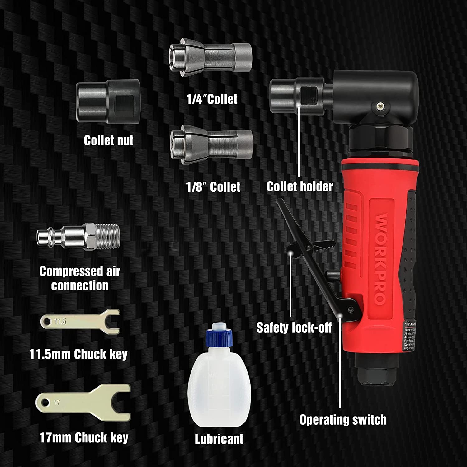 WORKPRO die grinder tool parts layout: collets, collet holder, safety lock-off, switch